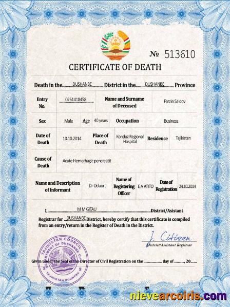 Tajikistan vital record death certificate
